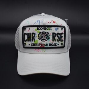 Christian Rose Iconic II License Plate Color Dots Trucker Snapback Hat Black NWT